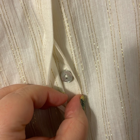 Chico’s Cream with Metallic Gold Stripe Cold Shoulder Long Sleeve Button Blouse - Picture 9 of 16